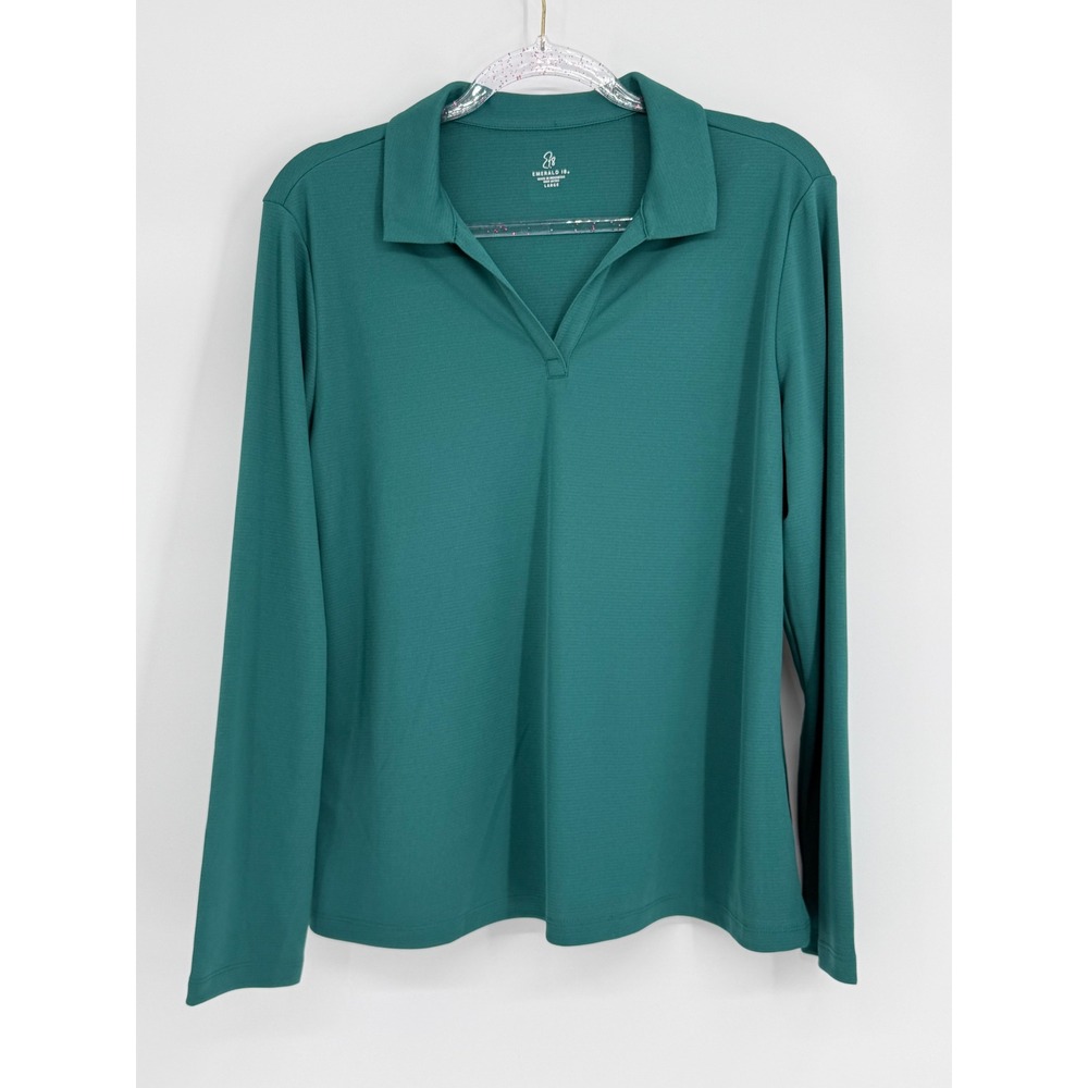 Emerald 18 Womens Emerald Green Long Sleeve V-Neck Polo Shirt Sz L Textured